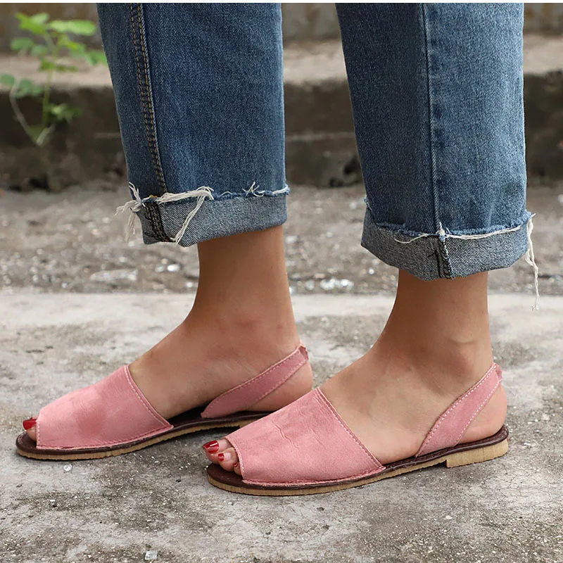 

Summer Sandals Women Plus Size Flats Female Casual Peep Toe Shoes Faux Suede Slip On Elastic Band Leisure Solid Footwear