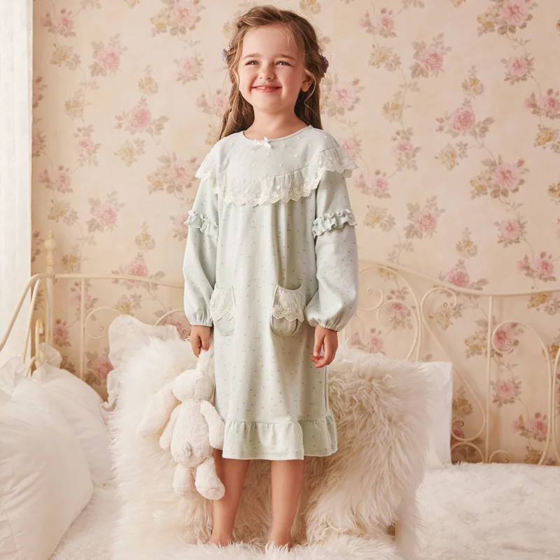

Children Spring And Autumn Pure Cotton Women's Big Kid Palace Autumn Princess Long Sleeve Pajamas Girls Cute B Class Spring And