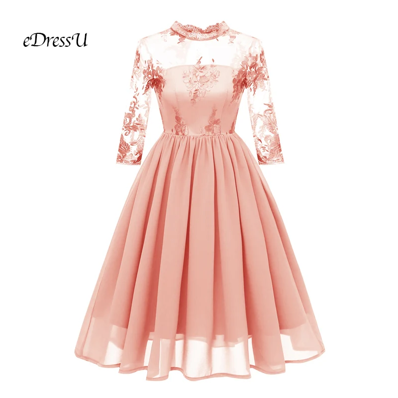 Vestidos de Fiesta изящное вечернее платье с вышивкой, ажурные рукава, до колена, кружевное элегантное женское платье de Soiree DN-1661