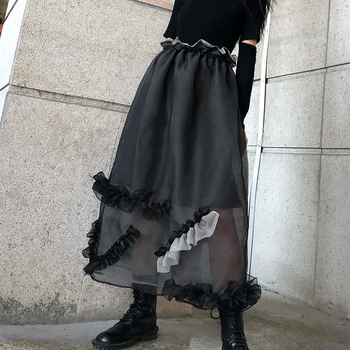 

LANMREM 2020 Spring Summer New Arrivals High Waist Solid Pattern Women Vintage Loose Casual Patchwork Ruffles Skirt AY59001