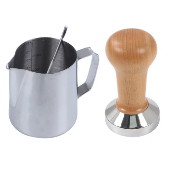 

NEW-Milk Jug, 350Ml Handheld Coffee Creamer Milk Frothing Pitcher Jug Cup & Coffee Tamper 51mm
