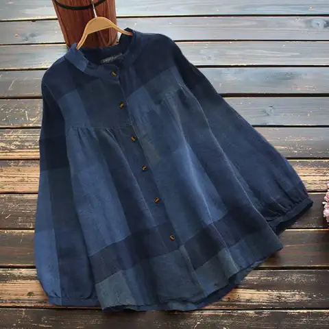 2022 Loose Long Sleeve Blusas Female O Neck Tunic Chemise Tops Vintage Printed Plaid Tops Women Spring Blouses Oversized