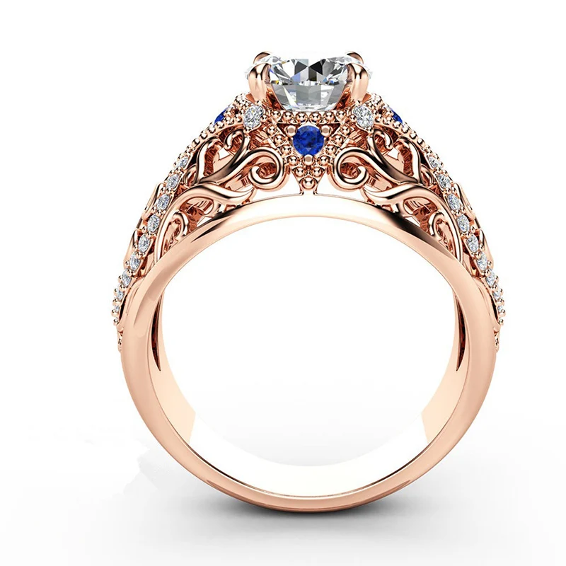

Newest luxury rose gold color rings for women hollow flower zircon blue&clear stone jewelry wedding ring elegant engagement gift