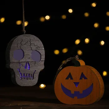 

Halloween Light Lantern Horror Skull Pumpkin Pendant Wooden Hanging Light Party Halloween Festival Decor DIY LED Lights M840#