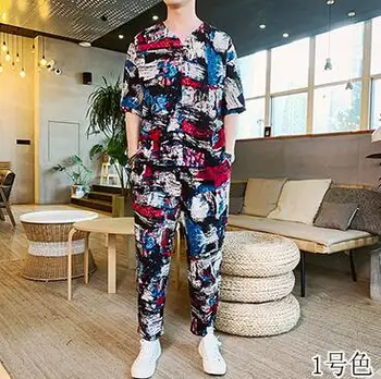 

5XL Track suit men's 2020 men's sportswear suit Fitness Autumn/Summer print trousers +T shirt men's suit 2 pieces plus size