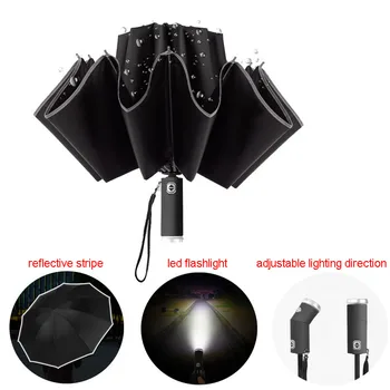 

Windproof Automatic Fold Inverted Umbrella With LED Flashlight Reflective Stripe Car Reverse Umbrella Rain Sun Umbrella 10/12k