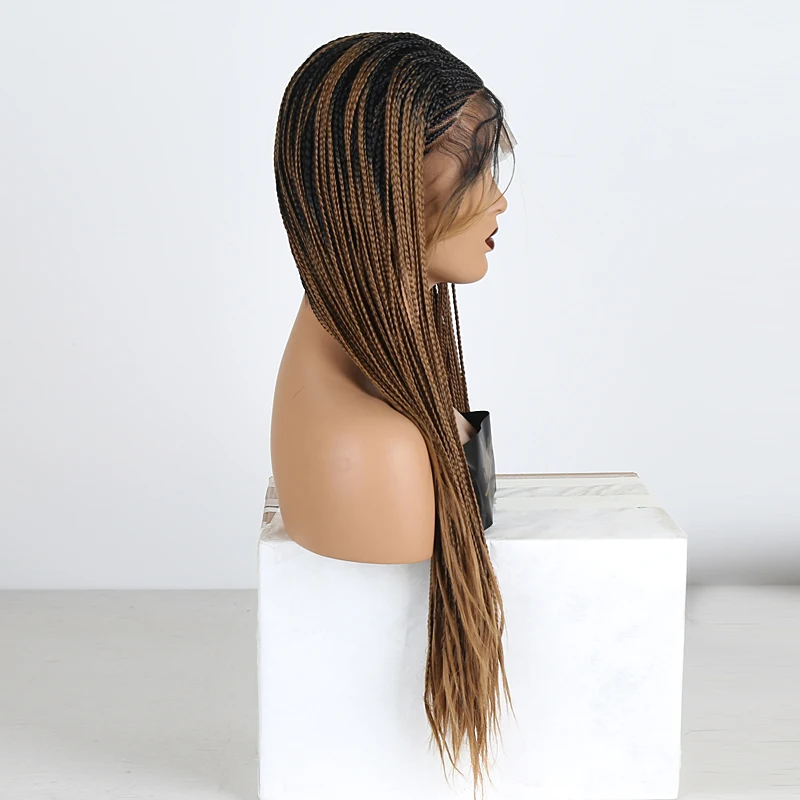 US $58.80 Rongduoyi Two Tone Braided Box Braids Wigs For Women Long Synthetic Lace Front Wig Ombre Brown Heat Resistant Hair Cosplay Wig