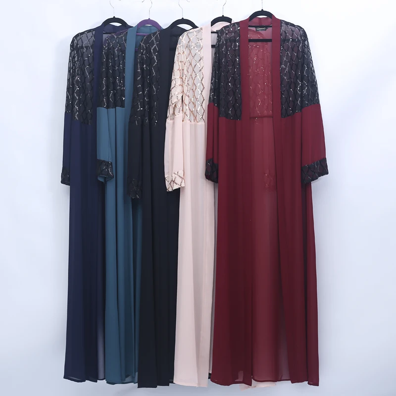 Открытый блесток Турецкая абайа кимоно мусульманское платье хиджаб мусульманская одежда Абая для женщин Оман Восточный халат из марокена кафтан молитвенная одежда