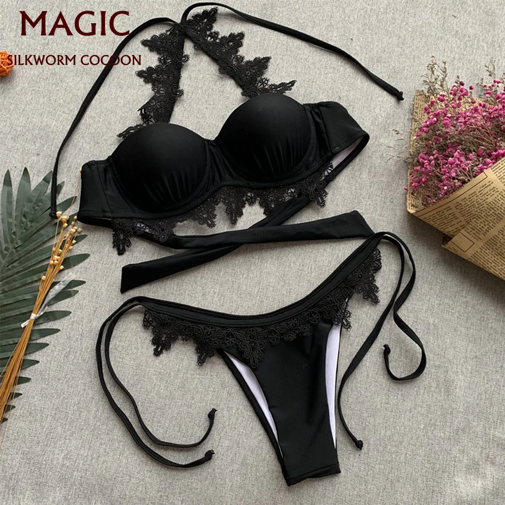 

Sexy Black Lace Bikini Set Two Piece Swimsuit Women Push Up Swimwear Bathing Suit Beachwear Swimming Suit For Women Brazilian