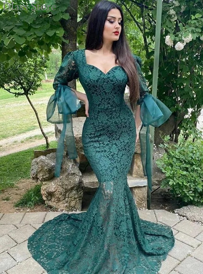 

Dark Green Prom Dress Laces Mermaid Sweep Train Sweetheart Neck Long Sleeves 2021 Evening Dress robe de soire de mariage