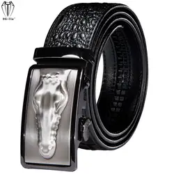 Hi-Tie Designer Black Crocodile Pattern Leather Mens Belts Automatic Buckle Ratchet Waistband Belt for Men Dress Jeans Cowboy XL