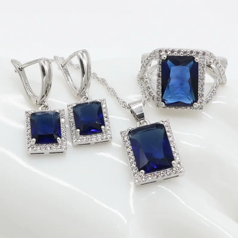 Blue 3pcs Дубай 925 штампы Серебряные Ювелирные наборы для женщин синий кубический цирконий ожерелье кулон Браслеты Серьги Кольца, подарок на Рождество - Окраска металла: Blue 3pcs