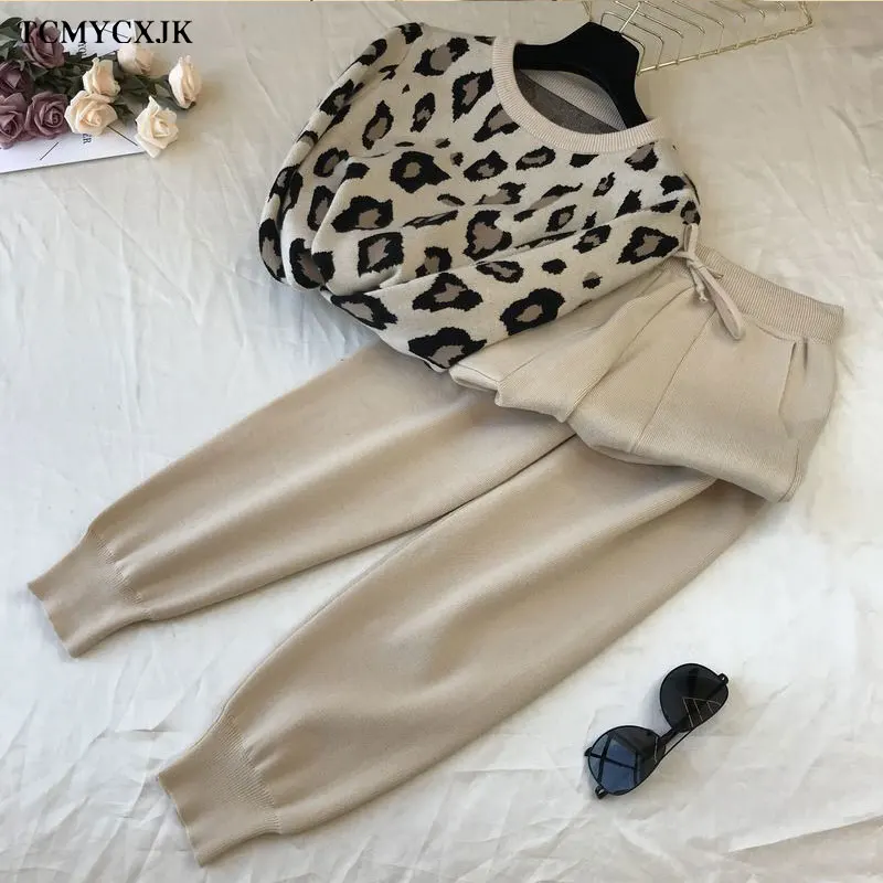 2022 Spring Streetwear Leopard Printed Knit Two Peice Set Women Long Sleeve O-Neck Sweater Tops + Harem Pants Casual Tracksuit blazer and pants set Women's Sets