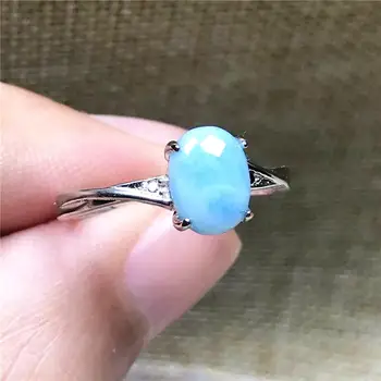 

8x6mm Natural Blue Larimar Ring Jewelry For Woman Lady Man Crystal Oval Beads Silver Water Pattern Stone Adjustable Ring AAAAA