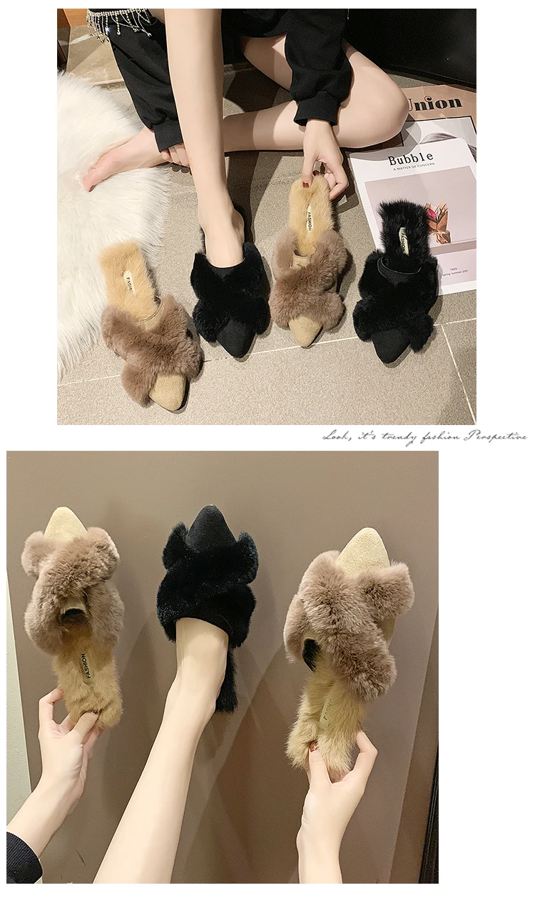 Shoes Woman Slippers Fur Rivet Cover Toe Flock Luxury Slides Low Plush New Flat Pointed Designer Fashion Rubber Basic