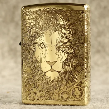 

Genuine oil lighter original Kerosene lighter copper windproof cigarette lighters Punk lion carving gift for men