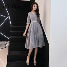 Это YiiYa платье для выпускного вечера es с v-образным вырезом Половина рукава платье для выпускного вечера элегантное расшитое блестками размера плюс длина до колена Vestidos De Gala для женщин K148