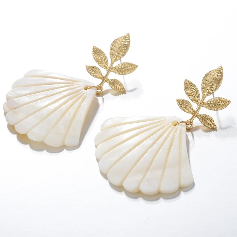 

Flashbuy Trendy Sector Natural Shell Drop Earrings For Women Statement Gold Alloy Leaves Shell Pendant Earrings Fashion Jewelry