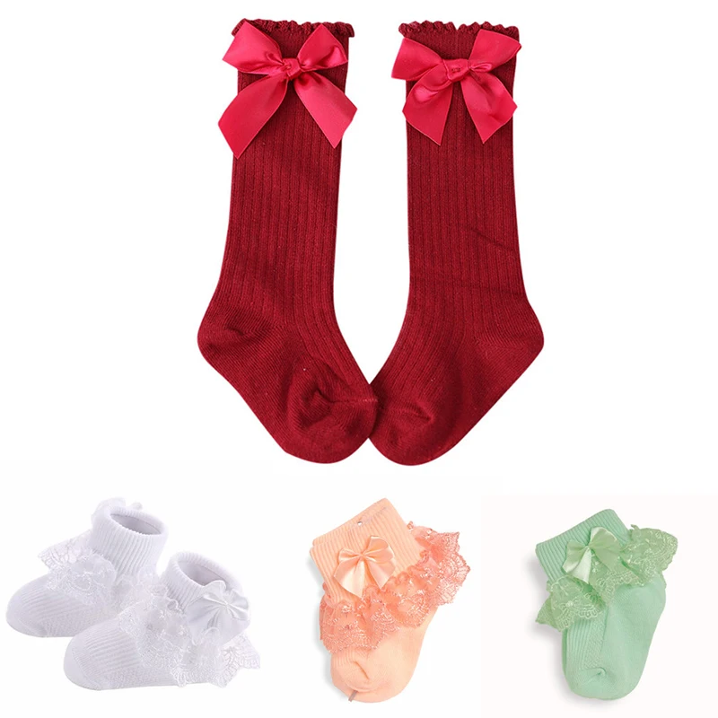 Носки для новорожденных девочек зимние детские хлопковые гольфы до колена с бантом Длинные носки принцессы для малышей