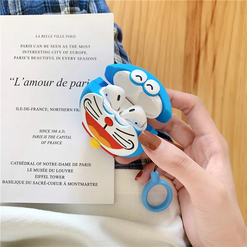 3D милый нарисованный Дораэмон чехол для наушников Airpods Мягкий силиконовый чехол для Apple AirPods 1 2 Чехол с кольцевой пряжкой