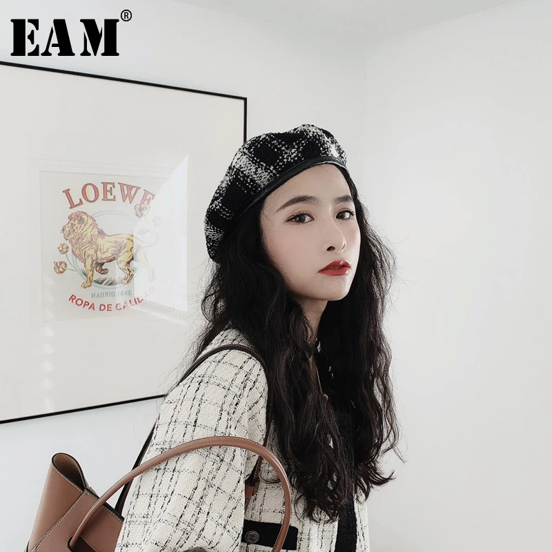 

[EAM] Women Plaid Split Joint Woolen Fishermen Hat New Round Dome Temperament Fashion Tide All-match Spring Autumn 2020 1B863