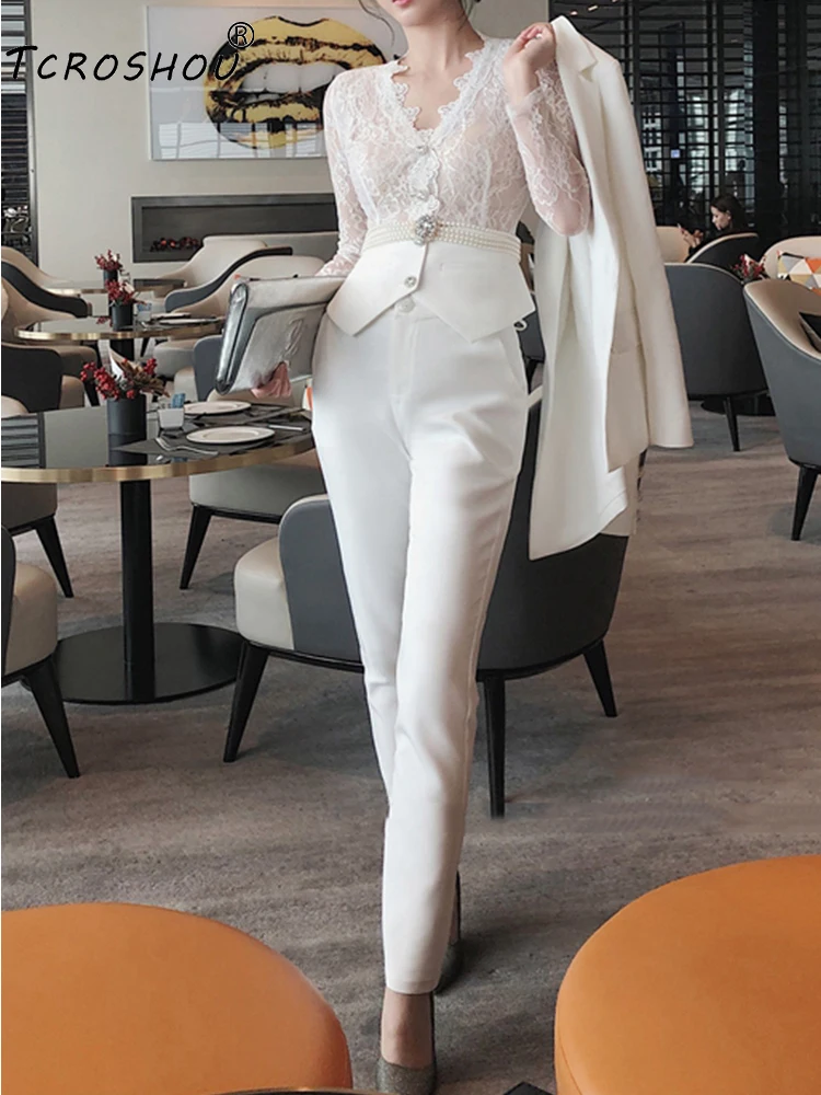 Женский однотонный костюм тройка новый стиль + кружевной жилет прямые брюки с