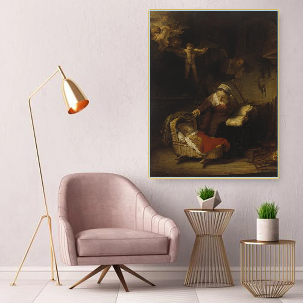 Холст цитон Rembrandt Holy святая семья с ангелами Art художественное изображение маслом