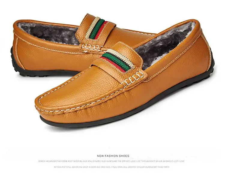 Men Loafers Shoes Genuine Leather Winter Fur Casual Male Boat Shoes Plush Party Shoes Slip On Driving Shoes Large Size 38-47