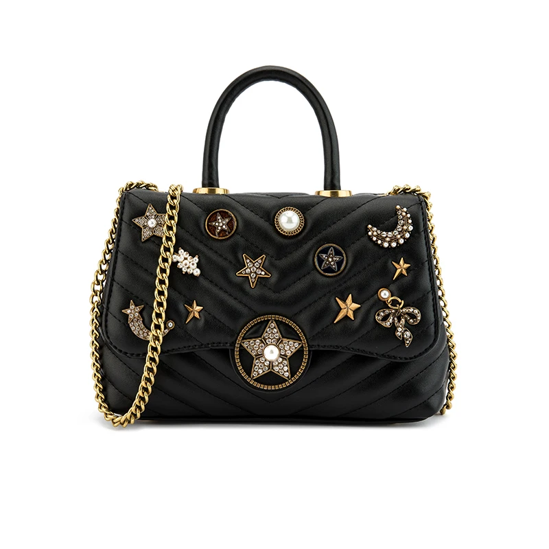 

New Luxury Design Retro Diamond Medals Star Moon Lady Handbags Fashion Mini Slant Detachable Chain Messenger Bag and Purse