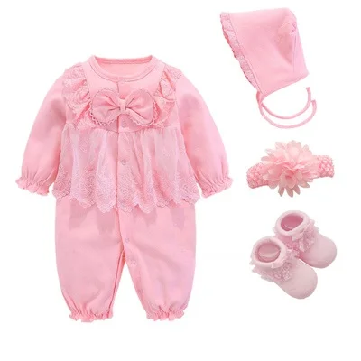 mode 2.2 pink socks Одежда для новорожденных девочек кружевные Комбинезоны и головные уборы, комплекты одежды для принцесс, осенне-весенний розовый детский комбинезон, носки для маленьких девочек 3, 6, 9 месяцев - Цвет: mode 2.2 pink socks