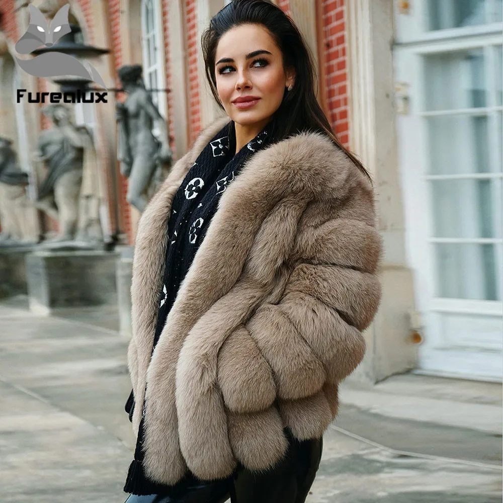 Furealuxnew Новая шуба из цельных кожи меха лисы пальто вертикальный Длинные рукава с