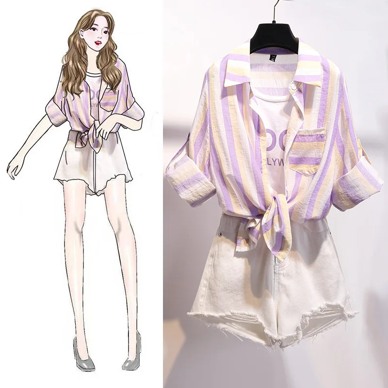 

Mock Two-Piece Sun-resistant Shirt Two-Piece Women's Korean-style New Style Students with Holes Denim Shorts Hot Pants Set