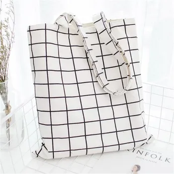 

Daily Use Foldable Canvas Shoulder Bag Female Casual Beach Handbag Girls Eco-friendly Tote Bag White Plaid Reusable Shopping Bag