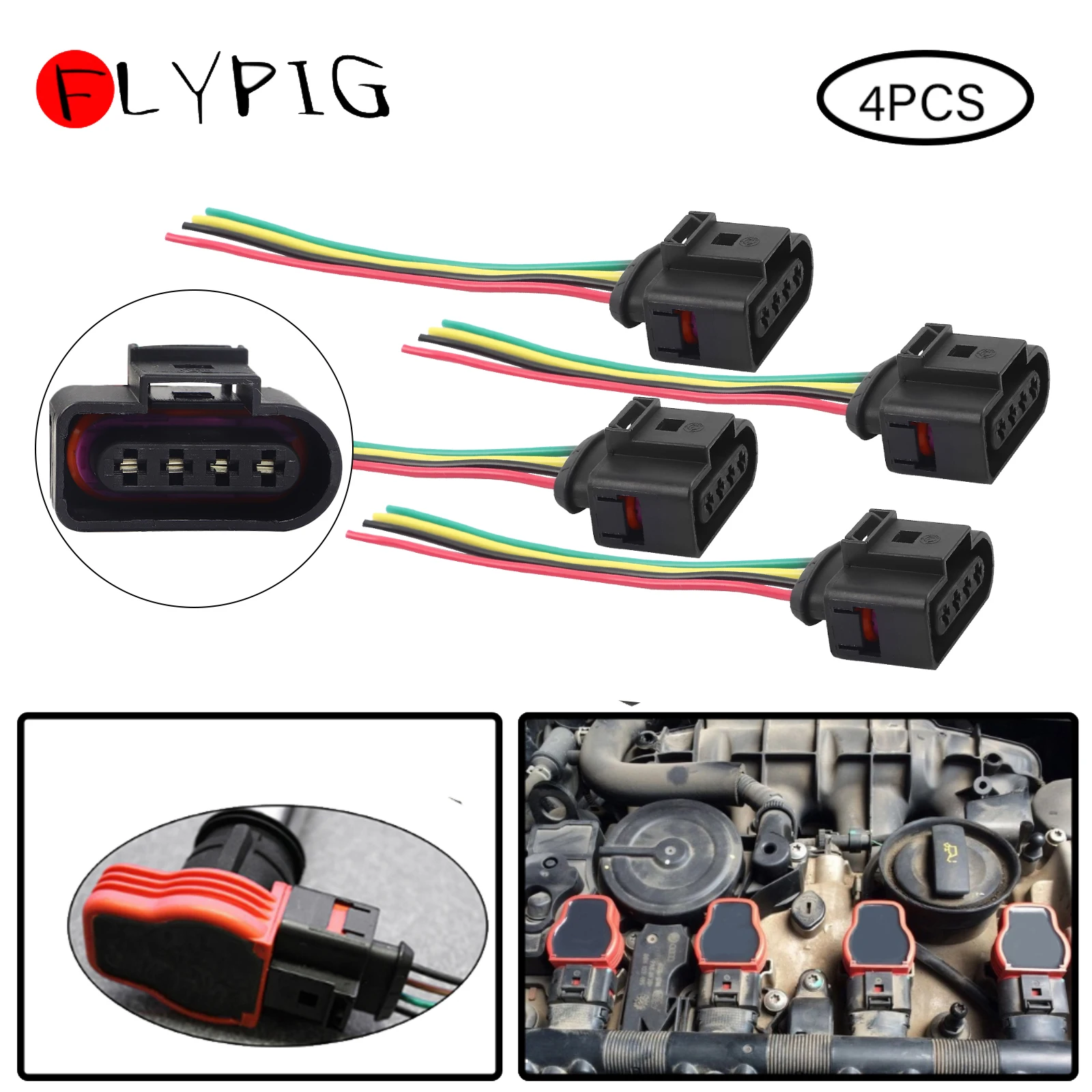 

4X Ignition Coil Connector Wire Harness Plug for Audi A3 A4 A5 A6 A8 Q5 Q7 R8 S4 S5 S6 VW SKODA SEAT FORD 1J0973724 1J0998724