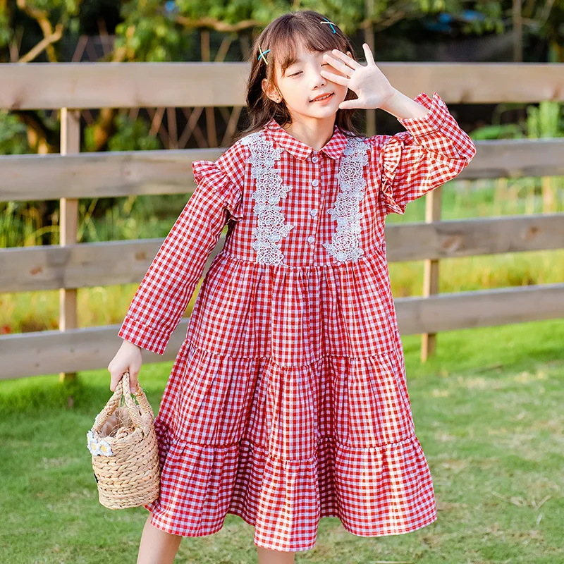 

2020 Spring Big Girl's Long Sleeve Red Plaid Dress Korean Fashion Children's Girls Dress Size 5-10y