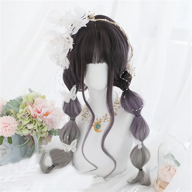 Косплей микс Лолита 64 см женские длинные волнистые Омбре милые девушки смешанные цвета челка термостойкие синтетические Аниме косплей парик
