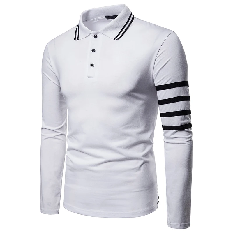 Хорошая Весенняя Новинка, Мужская модная рубашка поло, однотонная, с длинным рукавом, белая полоска, сшитая, мужская, с отворотом, Повседневная рубашка поло