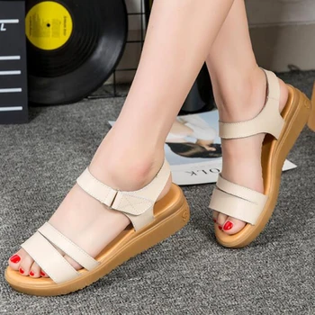 

new Women Genuine Leather Shoes Sandals Flats Soft Hook Loop Korean Bling Summer Beach Shoes women sandalia feminina kl196