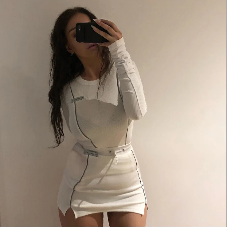 

2PCS Set Women Autumn Fashion Long Sleeve Crop Tops skirts outfit Reflective Striped patchwork Clothes Set Clubwear