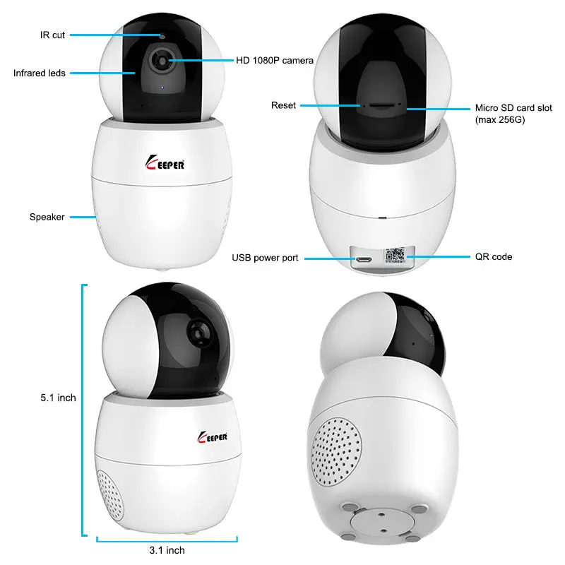 Keeper 355 degree 1080P Security Wireless wifi smart camera IR Night Vision support 256GB Baby Monitor two way audio IP Camera