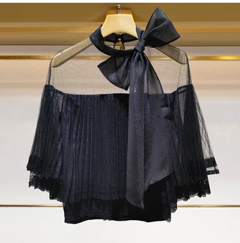 

Spring Summer New Stand Collar Bowknot Loose Mesh Patchwork Knitwear Top Women Casual Solid Color Female Clothes
