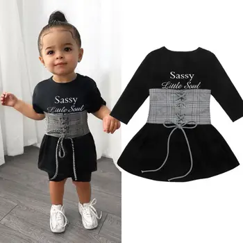 

2020 New Kids Baby Girls Dress 2Pcs Long Sleeve Letters Print Bodycon Dress+Lace Up Bandage Vest Cotton Outfits Clothes