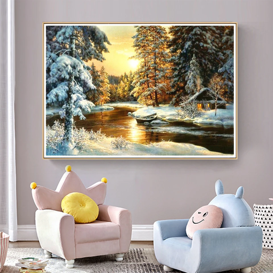 5D DIY Diamond Painting Winter Snow Scenery Rhinestone Picture Square Landscape Diamond Embroidery Mosaic Home Decoration Gifts