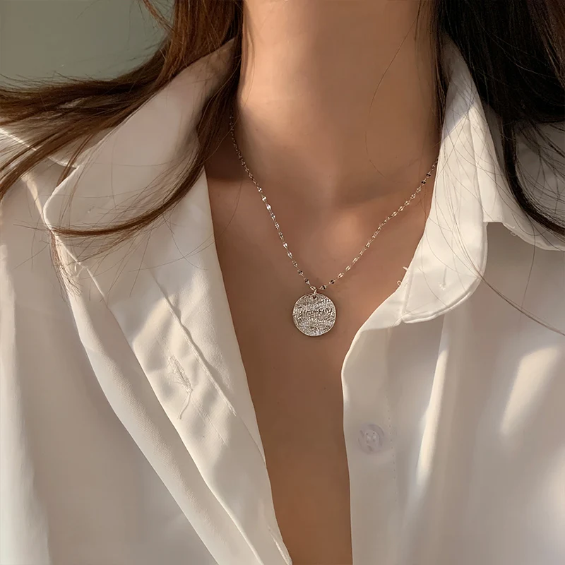

925 Sterling Silver Coin Round Card Necklace Female Vintage Gothic Design Hot Fashion Chain Custom Jewelry Girl Statement