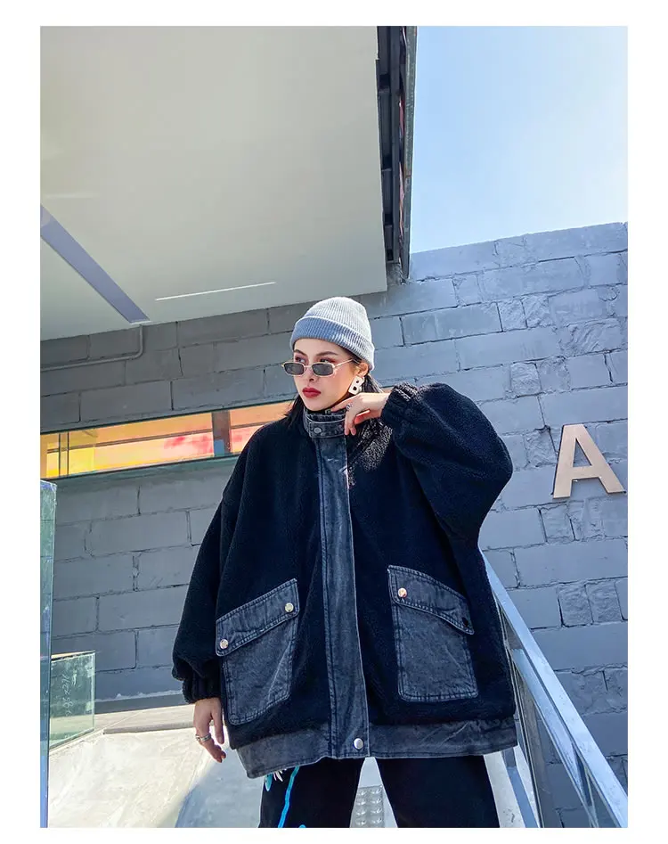 XITAO Fashion Plus Size Coats and Jackets Women Stand Collar Splice Large Denim Pocket Women Clothes Streetwear Top GCC3114