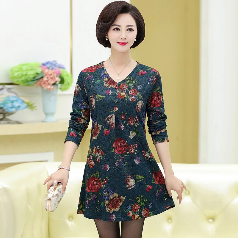 

2018 Spring Clothing Middle-aged WOMEN'S Apparels Plum Mom-Plus-sized T-shirt Plus-sized 200 Long-sleeved Dress