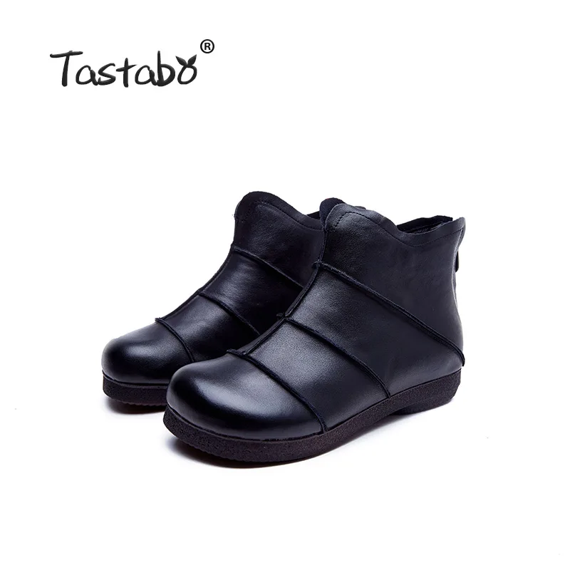 Black Tastabo Genuine Leather ladies ankle boots Vintage boots everyday Women's boots Brown Black S99602 Soft bottom Breathable lining - Цвет: Black