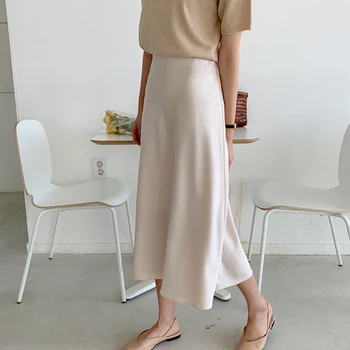 

2019 Satin Skirts Women Casual Loose Long Skirts Soft A-Line Pink Summer Skirt Plus Size High Waist Harajuku Korean Elegant V812
