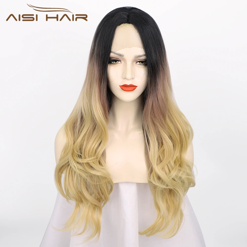 

AISI HAIR 26inches Lace Front Wig Ombre Black Blonde Long Wig Natural Middle Part Synthetic Wigs for Black Women Cosplay Women