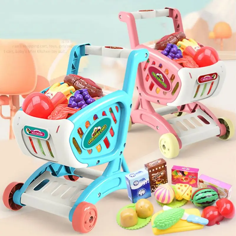 Mini Kids Shopping Cart Set Toys Cuttable Fruit Vegetable Gift for Boys Girls